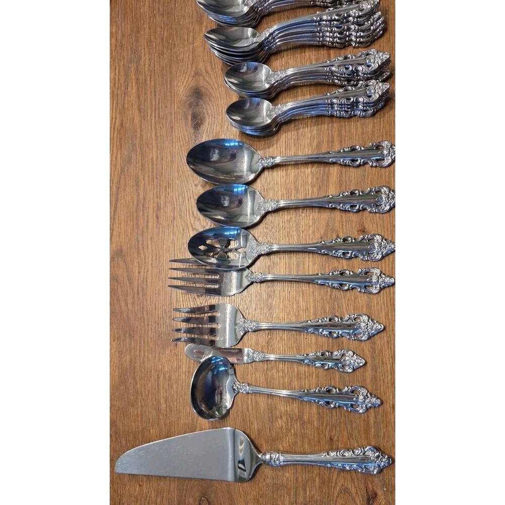 Wallace Antique Baroque 18/10 Stainless Flatware Set Service for 12 + 8 Servers
